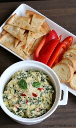 Stovetop Spinach Artichoke Dip with gluten-free baguette slices, and more ideas for gluten-free dippers.