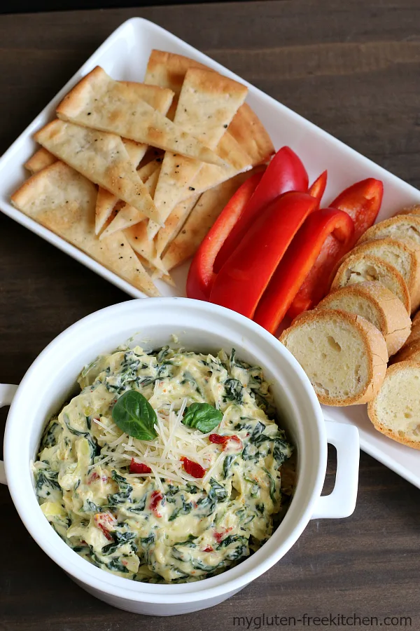 Stovetop Spinach Artichoke Dip with gluten-free baguette slices, and more ideas for gluten-free dippers.