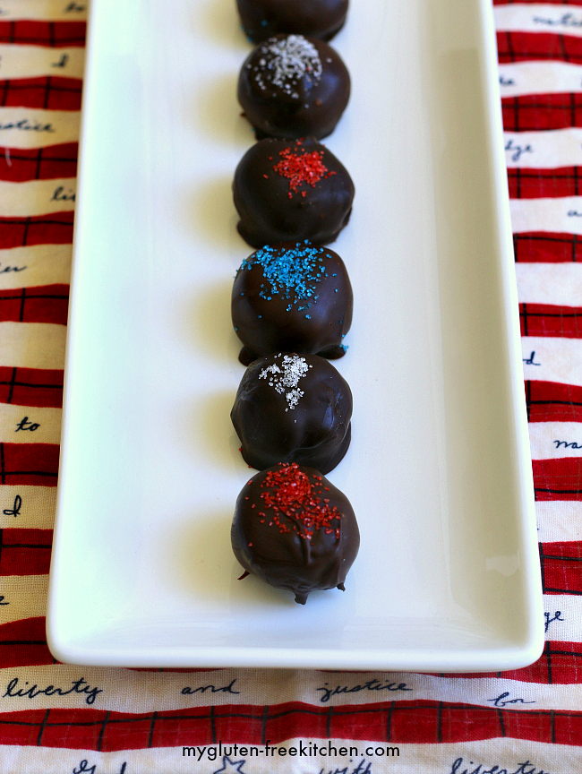 Gluten-free Brownie Balls. These brownie bites have a patriotic spin with colored sprinkles! Dairy-free too!
