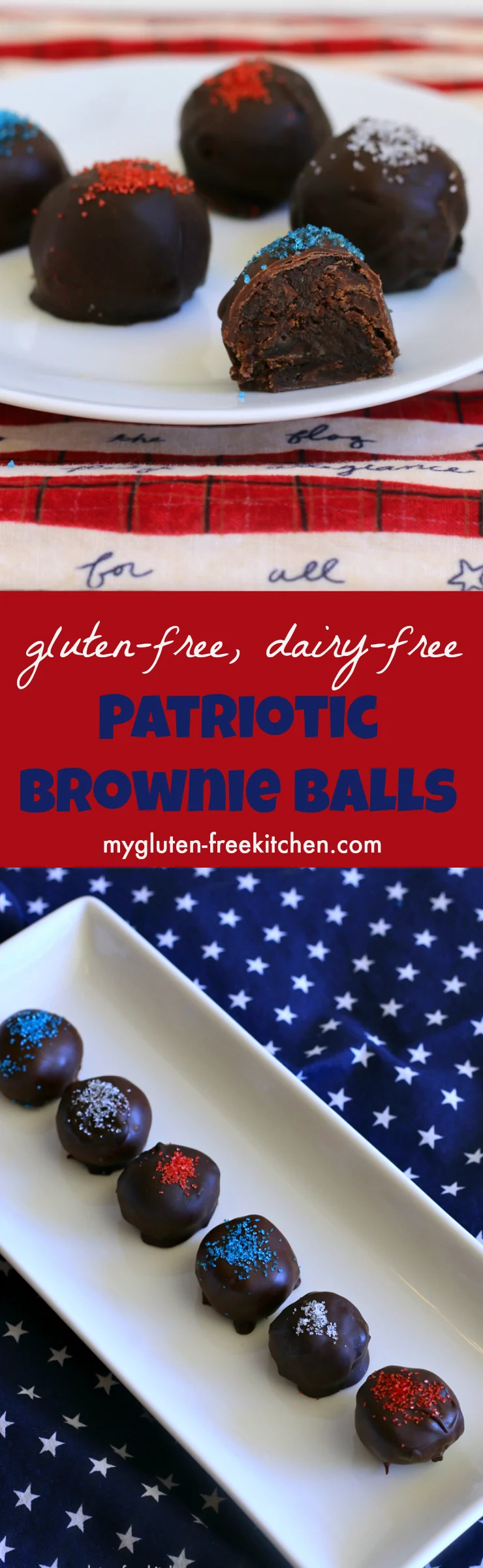 Gluten-free, dairy-free Patriotic Brownie Balls. Recipe for rich brownies coated with dark chocolate and patriotic sprinkles, perfect for summer parties!