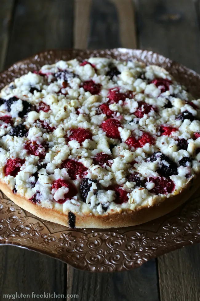 Gluten-free Triple Berry Breakfast Cake Recipe. Can use fresh or frozen berries in this coffee cake. 