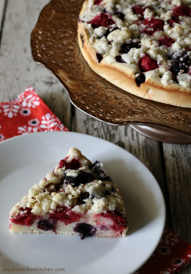 Triple Berry Breakfast Cake gluten-free. This is great for baby and wedding showers and holiday breakfast.