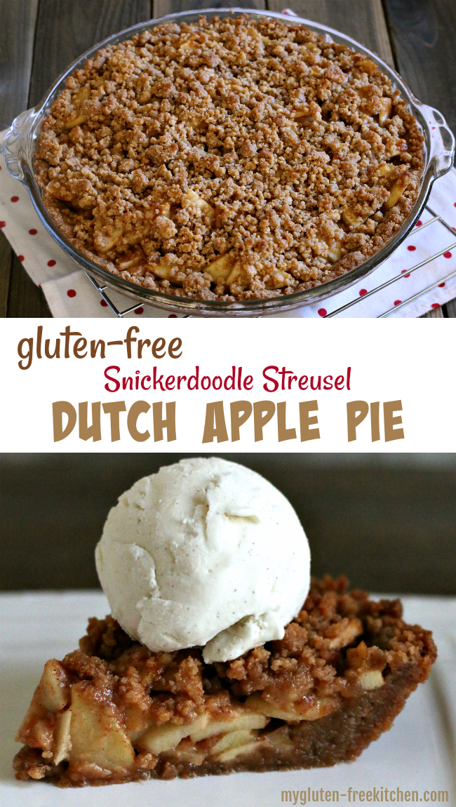 Gluten-free Dutch Apple Pie in pie plate plus a slice of pie with ice cream.