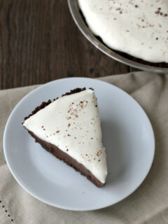 Gluten-free Chocolate Cream Pie with a chocolate cookie crust. This recipe is a keeper!