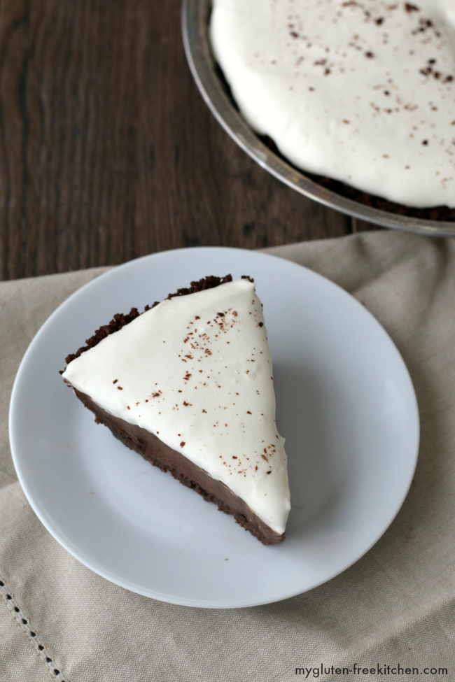 Gluten-free Chocolate Cream Pie with a chocolate cookie crust. This recipe is a keeper!