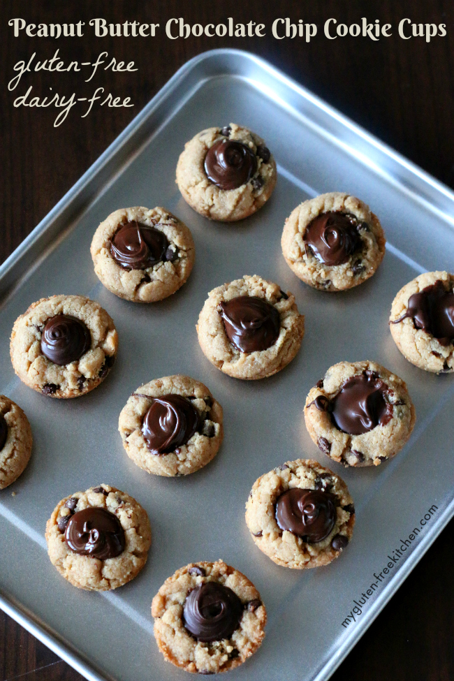 Gluten-free, Dairy-free Peanut Butter Chocolate Chip Cookie Cups Recipe. Yummy treat to add to cookie trays for parties or for a yummy after-school snack! 