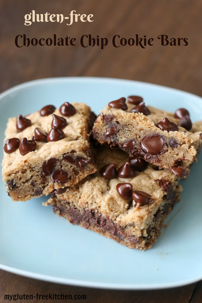 Gluten-free Chocolate Chip Cookie Bars recipe. My kids loved these for an after school snack! 