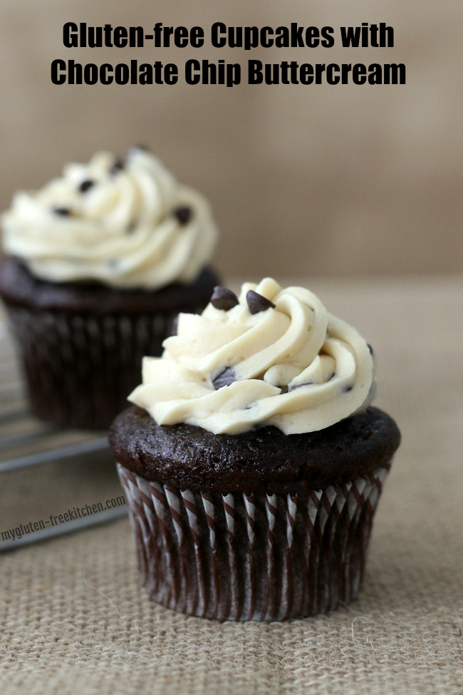 two gluten-free chocolate cupcakes with chocolate chip frosting