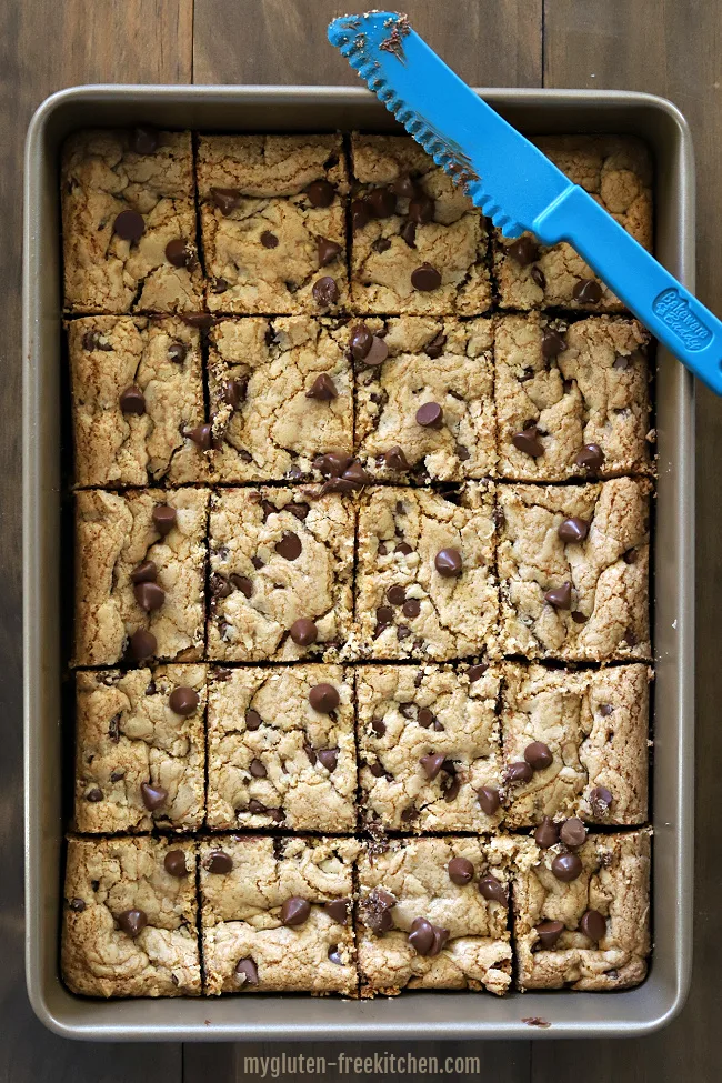 Slicing gluten-free chocolate chip bars