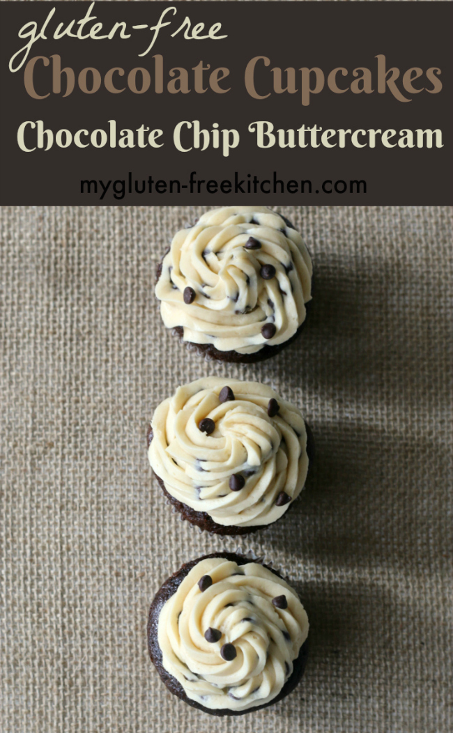 gluten-free chocolate cupcakes with chocolate chip frosting