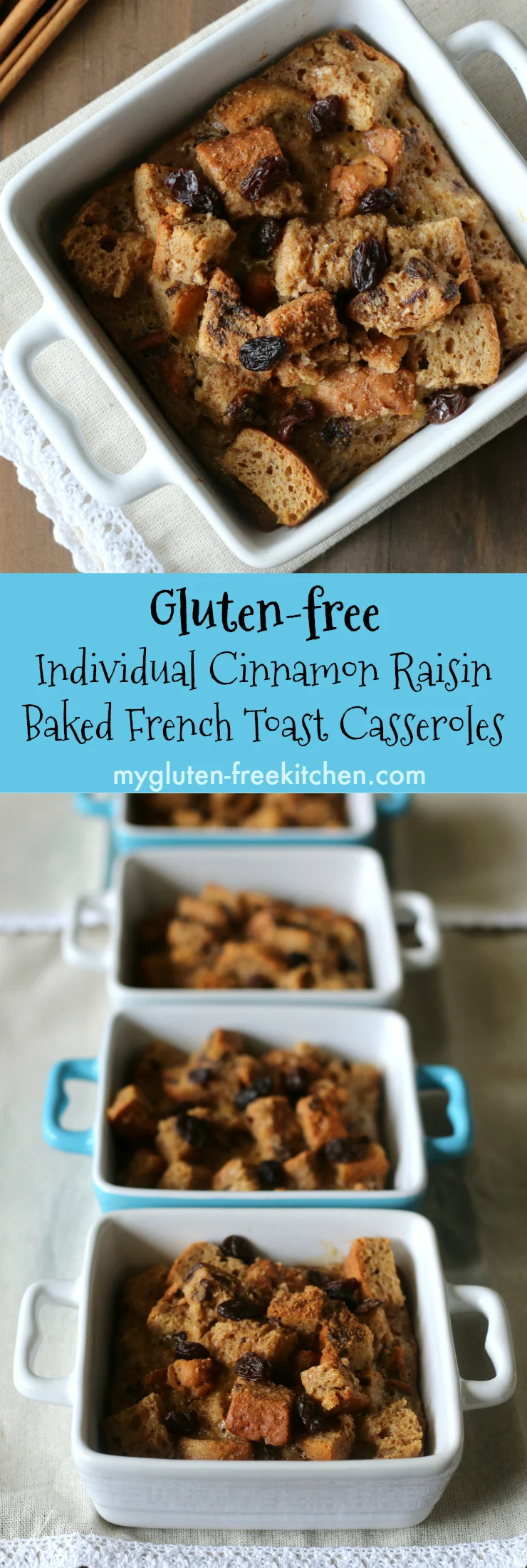 Gluten-free Individual Cinnamon Raisin Baked French Toast Casseroles. Perfect recipe for those special occasion brunches. Yummy gluten-free breakfast casserole.