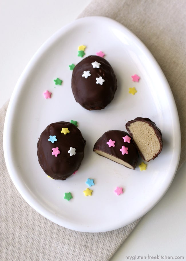 Allergy Friendly Chocolate Easter Eggs with a yummy alternative to peanut butter! Top 8 alternative to Reese's peanut butter eggs.