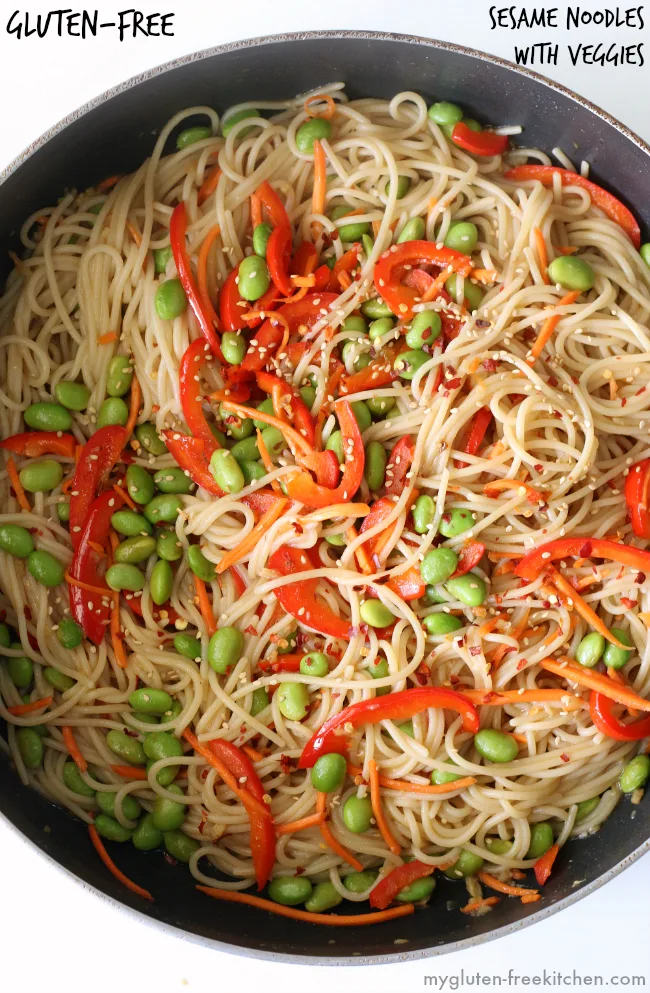 Gluten-free Sesame Noodles with veggies. Perfect meatless weeknight dinner recipe.