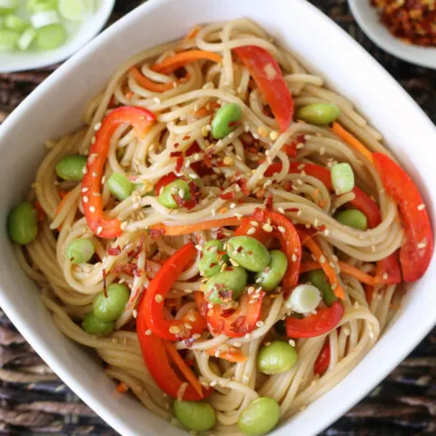 Gluten-free Sesame Noodles with Vegetables. Meatless recipe!