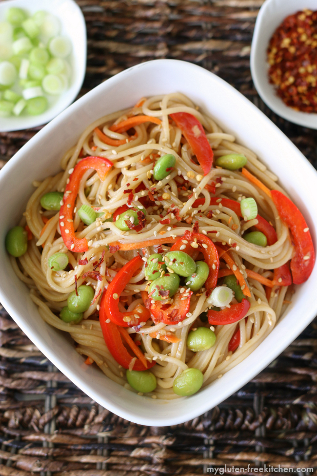 Gluten-free Sesame Noodles with Vegetables. Meatless recipe!