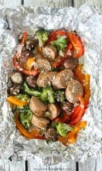 Gluten-free Sausage and vegetable grilled foil packet dinner. Easy option to make dairy-free too. My family loved these because everyone could customize theirs!
