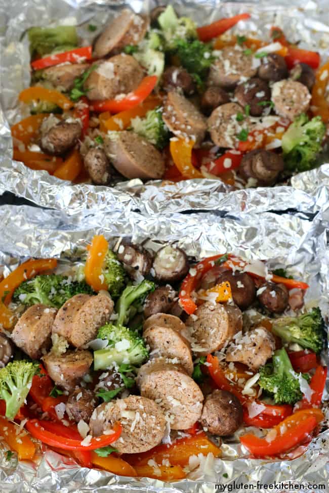 Gluten-free Sausage and vegetable foil packets. Easy to customize recipe! Dairy-free option too!