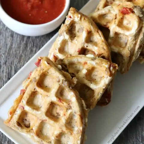 Gluten-free Pizza Waffles. Recipe free of dairy and the top 8 allergens too! My familly loved these with pepperoni and sausage! Great for gluten-free lunches!