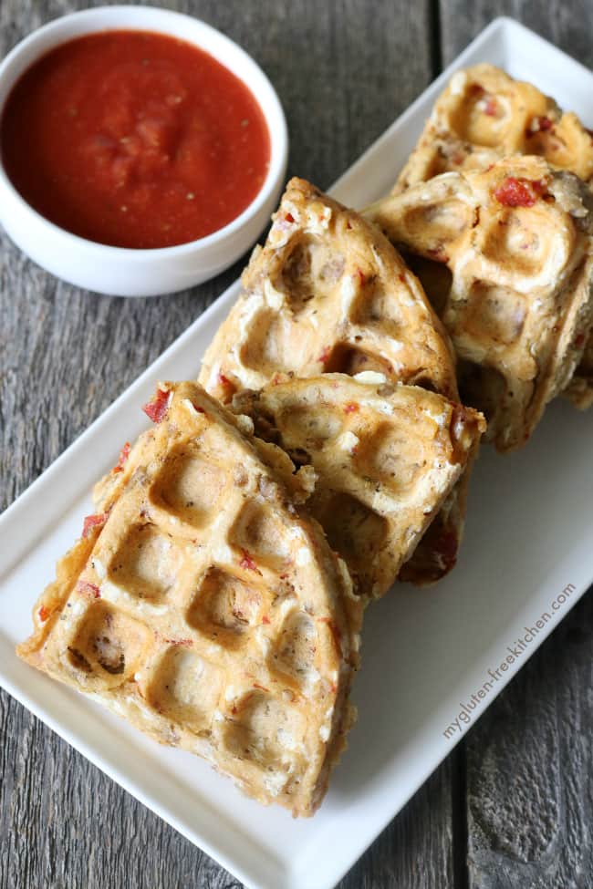 Gluten-free Pizza Waffles. Recipe free of dairy and the top 8 allergens too! My familly loved these with pepperoni and sausage! Great for gluten-free lunches!