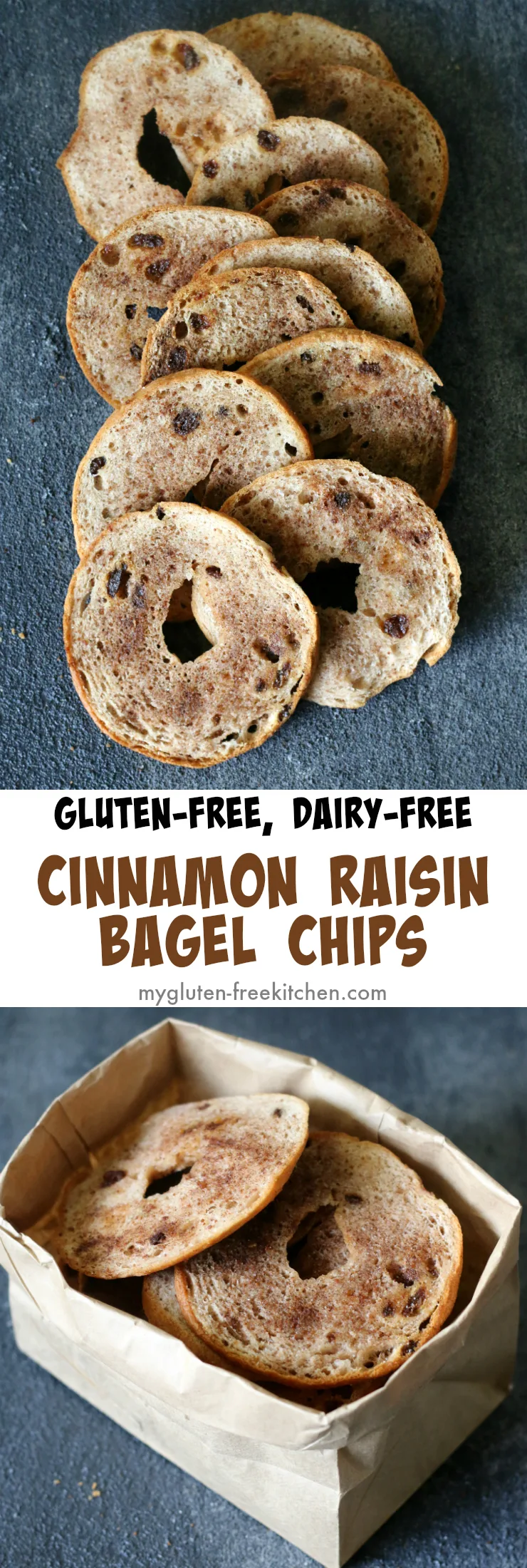 Gluten-free Dairy-free Cinnamon Raisin Bagel Chips - Crunchy snack that's allergy friendly. Great for school lunches or backpack snacks!