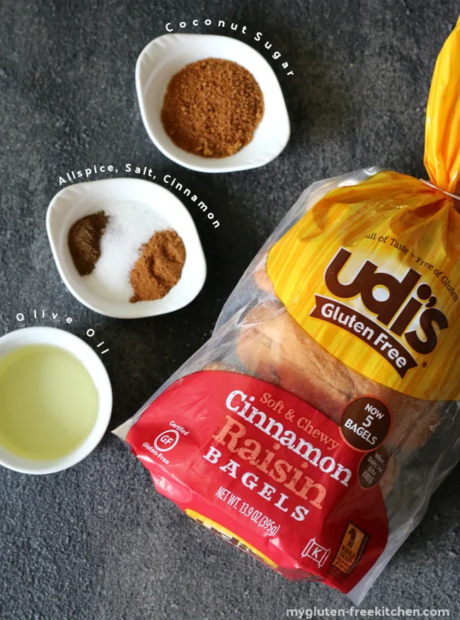 Udi's Gluten Free Cinnamon Raisin Bagels made into bagel chips