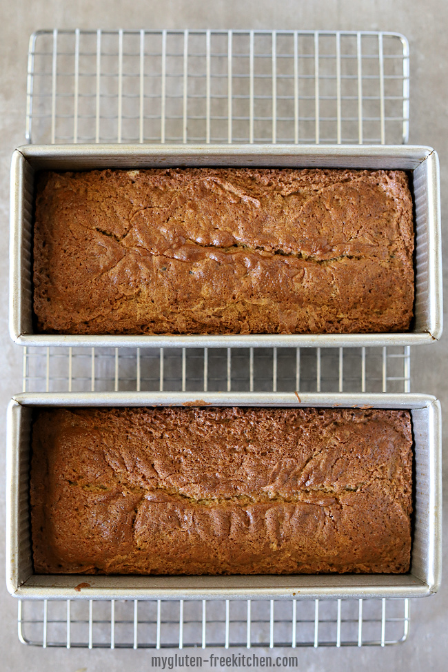 2 loaves of gluten-free zucchini bread in pans