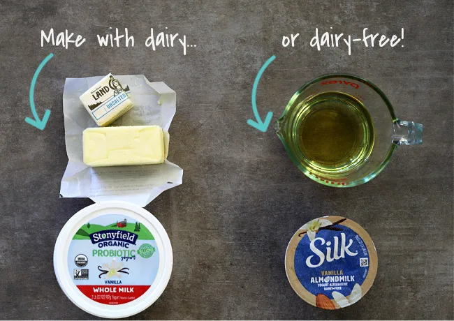 butter, yogurt, cup of oil, and dairy-free yogurt