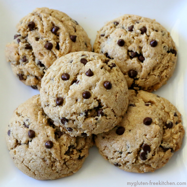 Plate of gluten-free oatmeal peanut butter chocolate chip cookies