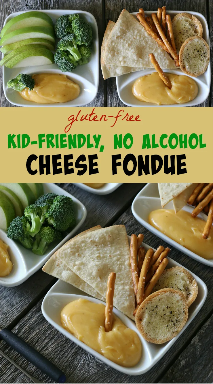 cheese fondue served with gluten-free pretzels and broccoli and peppers