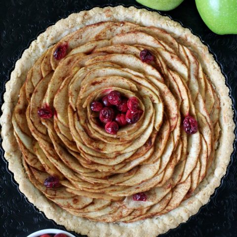 Gluten-free Apple Pear Tart with cranberries in a gluten-free almond pie crust.