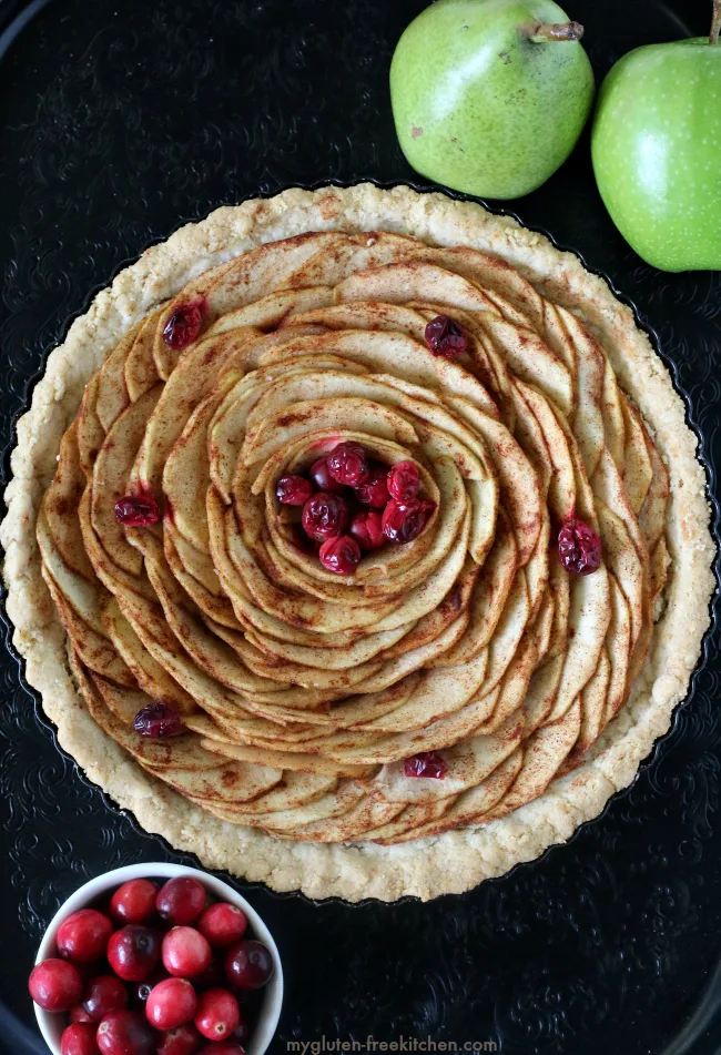 Gluten-free Apple Pear Tart with cranberries in a gluten-free almond pie crust.