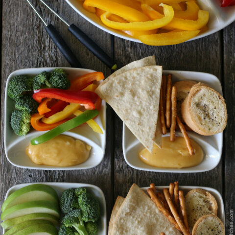 Kid-friendly Gluten-free Cheese Fondue. Variety of gluten-free dippers that kids love!