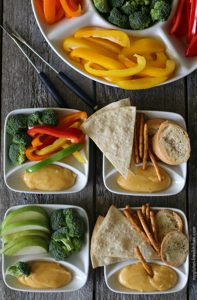 Kid-friendly Gluten-free Cheese Fondue. Variety of gluten-free dippers that kids love!