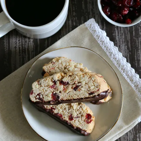 Chocolate Dipped Gluten-free Almond Cranberry Biscotti