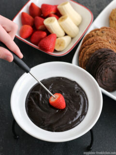 Chocolate Peanut Butter Fondue with fresh fruit and gluten-free dippers