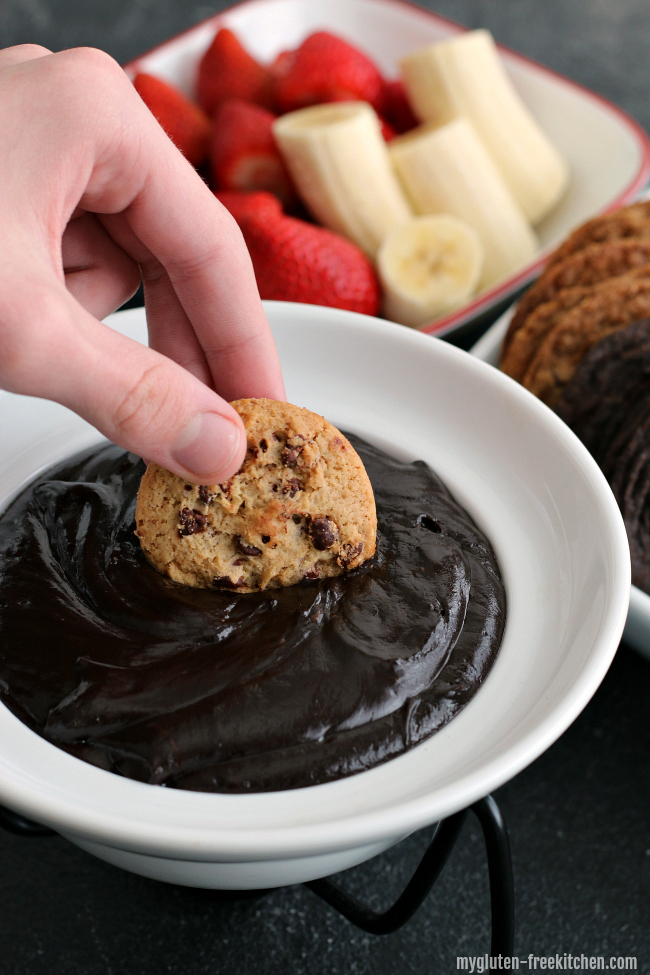 Chocolate Peanut Butter Fondue with gluten-free cookies and fruit