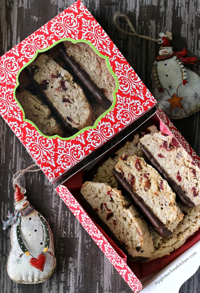 Gluten-free Almond Biscotti with Chocolate in a box for Christmas gifting