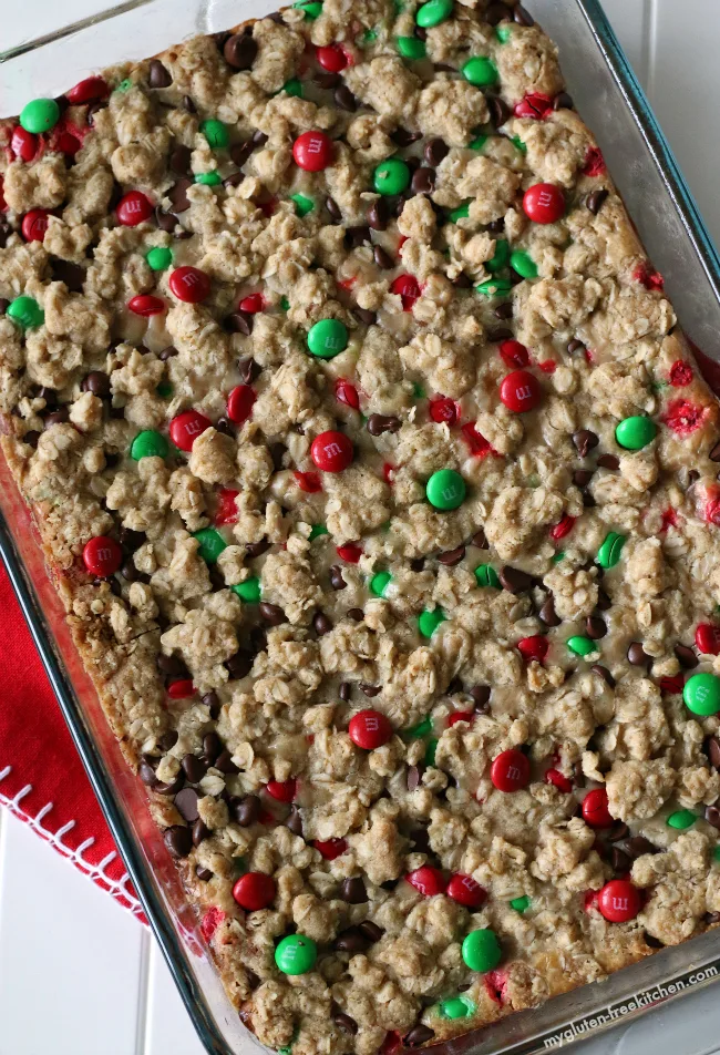 Gluten-free Peanut Butter Christmas Dream Bars pan