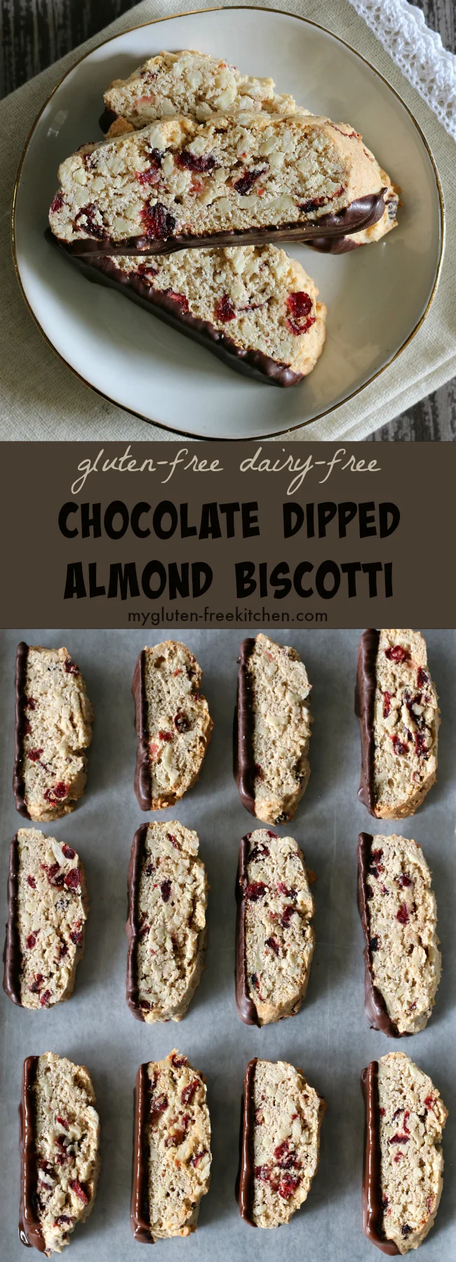 gluten-free Chocolate Dipped Almond Biscotti dairy-free recipe. Crunchy, flavorful cookie that's perfect with tea or coffee.