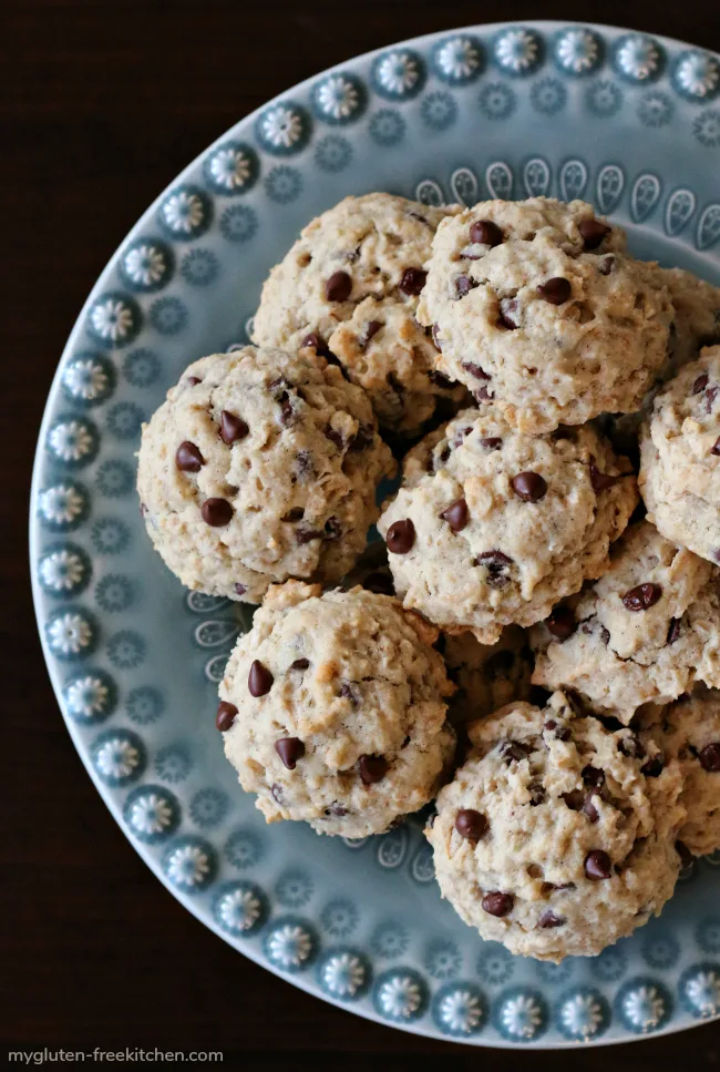 Gluten-free Banana Oatmeal Chocolate Chip Cookies. Recipe includes tips for making these free of top 8 allergens plus more if needed!