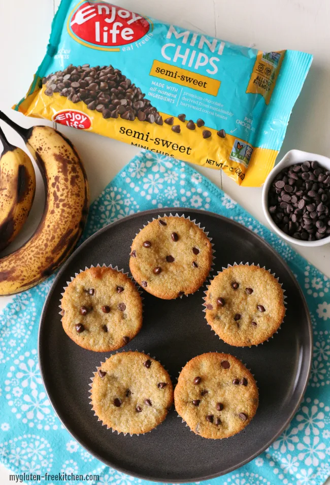 Gluten-free Dairy-free Banana Chocolate Chip Muffins with mini chips from Enjoy Life