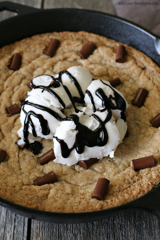 Gluten Free Dairy-Free Chocolate Skillet Cookie. Better than chocolate chip as the chocolate chunks make it even more chocolatey! Such a fun dessert for sharing! 