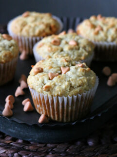 Gluten-free Banana Butterscotch Oatmeal Muffins. We loved these muffins that are a fun change from the usual banana muffins.