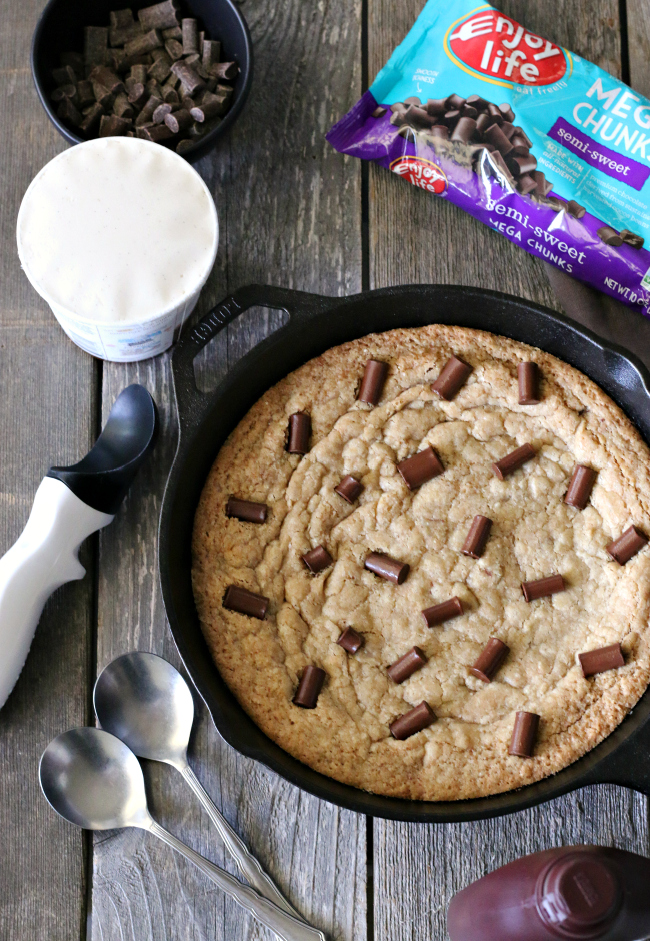 Gluten-free Dairy-Free Chocolate Chunk Skillet Cookie with Enjoy Life mega chunks