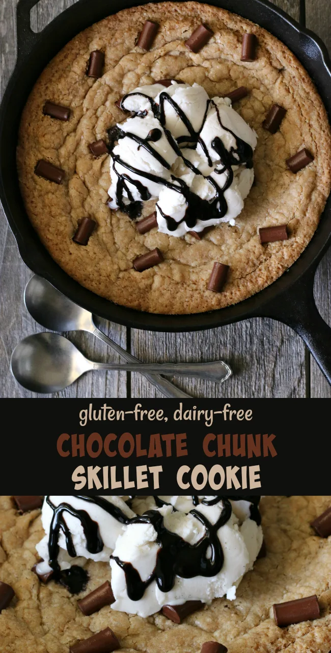 Gluten-free Dairy-free Chocolate Chunk Skillet Cookie Recipe. Baked in a cast iron skillet and served warm, topped with dairy-free or regular ice cream! 