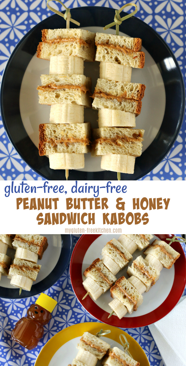 Gluten-free Peanut Butter & Honey Sandwich Kabobs. This easy gluten-free lunch recipe is dairy-free too!