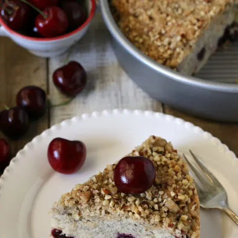 Gluten free Cherry Coffee Cake Recipe. Delicious coffee cake that's dairy-free too.