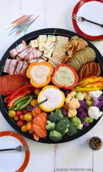 Gluten-free Vegetable Meat and Cheese Tray with dips. A few shortcuts make this a quick and easy dinner or dinner party item that doesn't heat up the kitchen!
