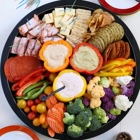 Gluten-free Vegetable Meat and Cheese Tray with dips. A few shortcuts make this a quick and easy dinner or dinner party item that doesn't heat up the kitchen!