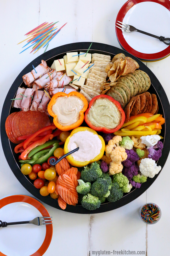 Gluten-free Vegetable Meat and Cheese Tray with dips. A few shortcuts make this a quick and easy dinner or dinner party item that doesn't heat up the kitchen!